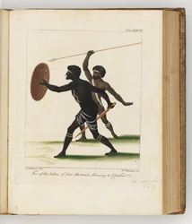 Zwei Eingeborene von New Holland, Illustration aus A journal of a voyage to the South Seas : in His Majestys ship, the Endeavour, 1794